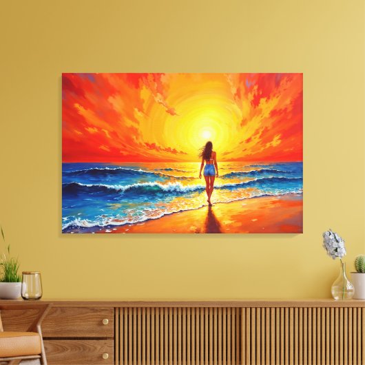 Meisje zonsondergang strand lopen oceaan golven de canvas afdruk (Insitu (Woonkamer))