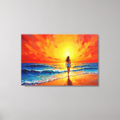 Meisje zonsondergang strand lopen oceaan golven de canvas afdruk (Voorkant)