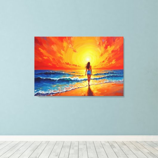 Meisje zonsondergang strand lopen oceaan golven de canvas afdruk (Insitu (Houten vloer))