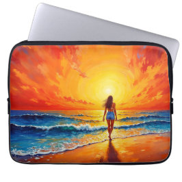 Meisje zonsondergang strand lopen oceaan golven de laptop sleeve
