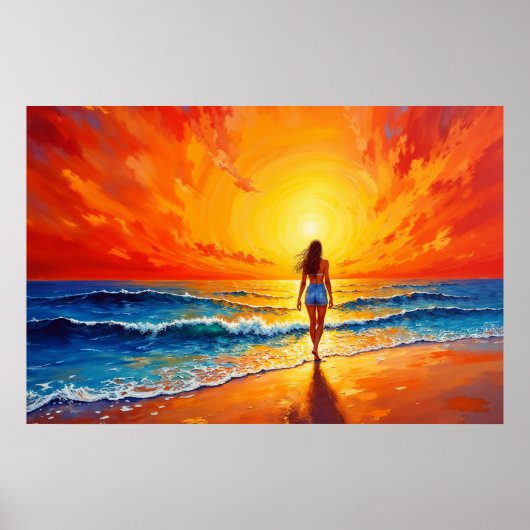 Meisje zonsondergang strand lopen oceaan golven de poster (Voorkant)