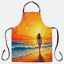 Meisje zonsondergang strand lopen oceaan golven de schort