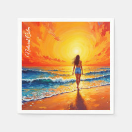 Meisje zonsondergang strand lopen oceaan golven de servet