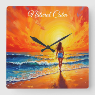 Meisje zonsondergang strand lopen oceaan golven de vierkante klok