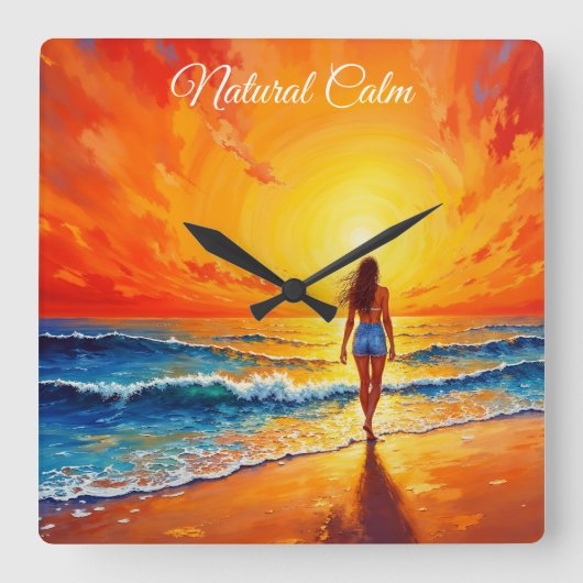 Meisje zonsondergang strand lopen oceaan golven de vierkante klok (Voorkant)