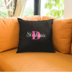 Meisje Zwart Wit en Heet Roze Modern Monogram Kussen