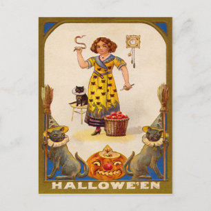 Meisje Zwarte Kat Jack O' Lantern Briefkaart