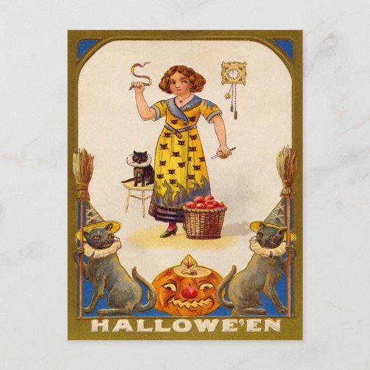 Meisje Zwarte Kat Jack O' Lantern Briefkaart (Voorkant)