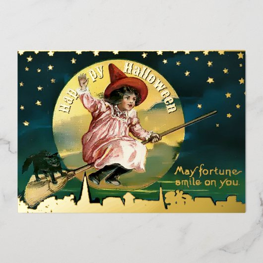 Meisje & Zwarte Kat op Broom Halloween Folie Feestdagenkaart (Voorkant)