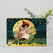  Meisje & Zwarte Kat op Broom Halloween Folie Feestdagenkaart (Staand Voorkant)