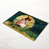  Meisje & Zwarte Kat op Broom Halloween Folie Feestdagenkaart (Gedraaid)