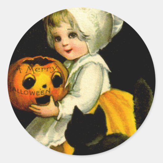 Meisje & Zwarte Kat Ronde Sticker (Voorkant)