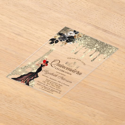 Meisje Zwarte Rozen Eiffeltoren Goud Drupt Rood Acryl Uitnodigingen (Laagn)