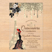 Meisje Zwarte Rozen Eiffeltoren Goud Drupt Rood Acryl Uitnodigingen (Voorkant)