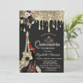 Meisje Zwarte Rozen Eiffeltoren Gouden Druppels Kaart (Staand voorkant)