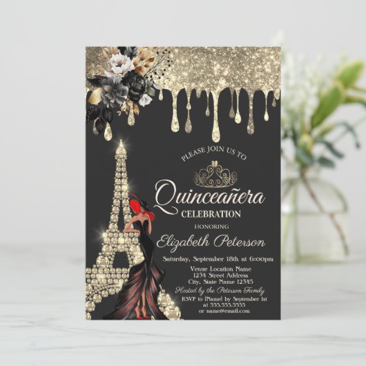 Meisje Zwarte Rozen Eiffeltoren Gouden Druppels Kaart (Staand voorkant)