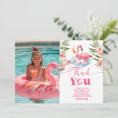 Meisje Zwembad feest flamingo foto dank u kaart (Staand voorkant)