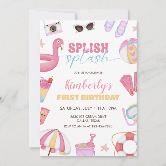 Meisje Zwembad Party Uitnodigen, Splish Splash Ver Kaart (Voorkant)