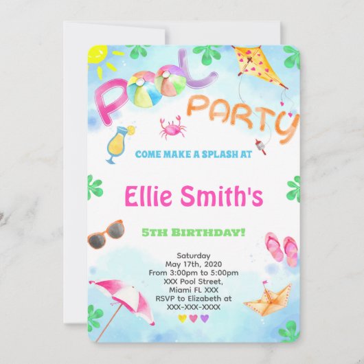 Meisje Zwembad Verjaardag Uitnodiging (Voorkant)