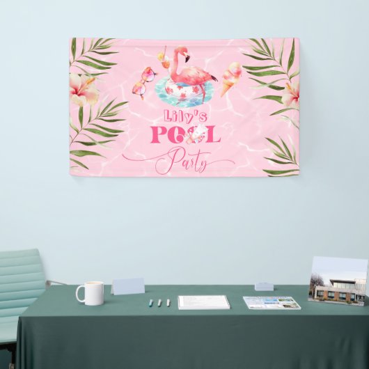 Meisje Zwembad verjaardagsfeestje flamingo welkom Spandoek (Beurs)