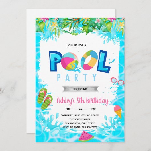 Meisje zwembad verjaardagsuitnodiging kaart (Voorkant / Achterkant)