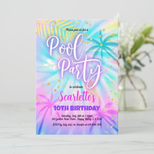 Meisje zwembadfeest verjaardag pastel tie-dye kaart (Staand voorkant)