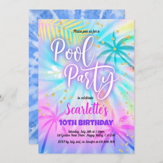 Meisje zwembadfeest verjaardag pastel tie-dye kaart (Voorkant / Achterkant)