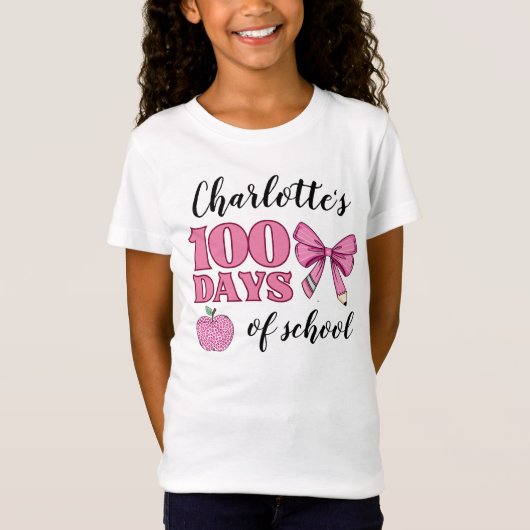 Meisjes 100 dagen School Pink Pencil Bow T-shirt (Voorkant)