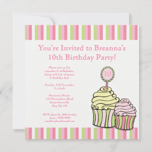 Meisjes 10e verjaardag Cupcake Striped Party Invit Kaart (Achterkant)