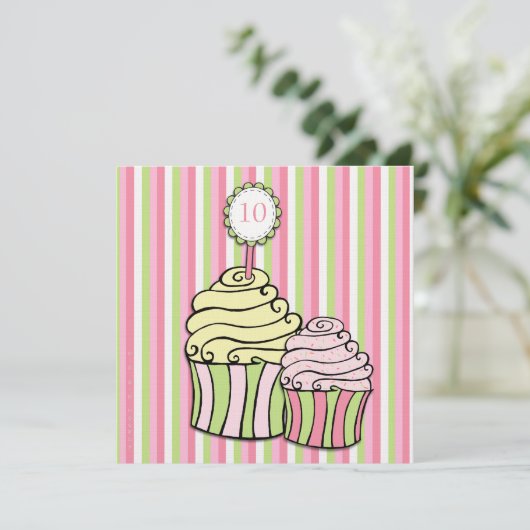 Meisjes 10e verjaardag Cupcake Striped Party Invit Kaart (Staand voorkant)
