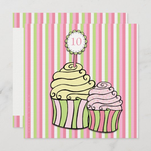Meisjes 10e verjaardag Cupcake Striped Party Invit Kaart (Voorkant / Achterkant)