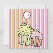 Meisjes 10e verjaardag Cupcake Striped Party Invit Kaart (Voorkant)