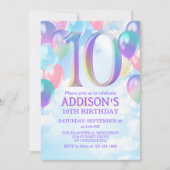 Meisjes 10e verjaardag Rainbow Balloons Uitnodigin Kaart (Voorkant)