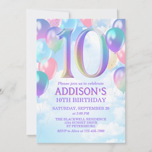 Meisjes 10e verjaardag Rainbow Balloons Uitnodigin Kaart (Voorkant)