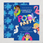 Meisjes 10e verjaardagszwembadfeestje kaart (Voorkant / Achterkant)