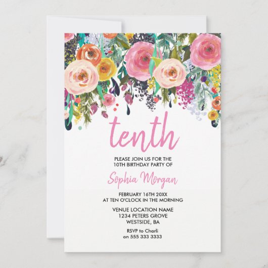 Meisjes 10th Birthday Party nodigt roze bloemperk Kaart (Voorkant)