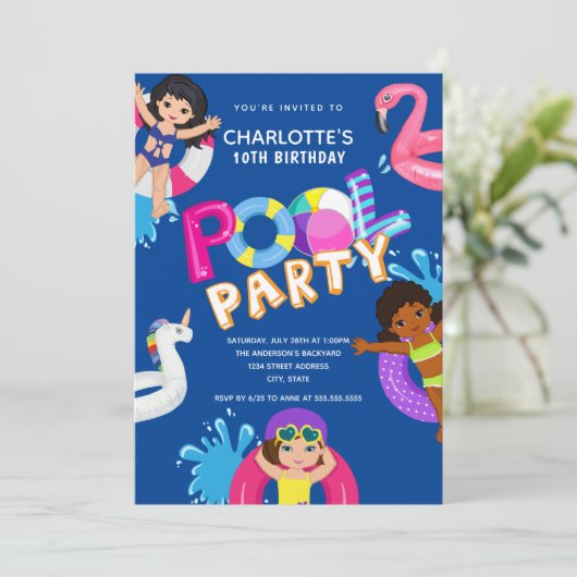 Meisjes 10th Birthday Pool Party Kaart (Staand voorkant)