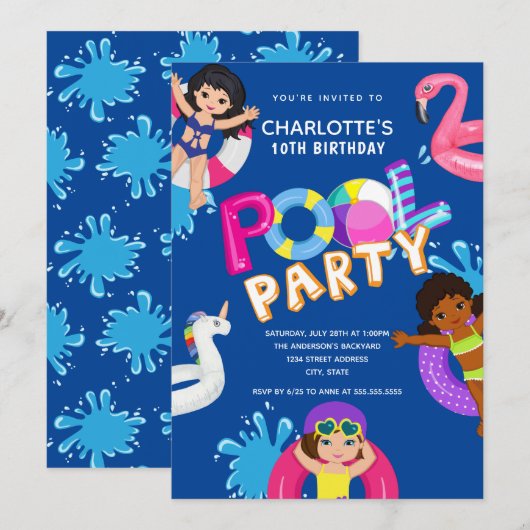 Meisjes 10th Birthday Pool Party Kaart (Voorkant / Achterkant)