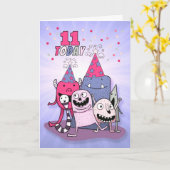 Meisjes 11e Roze en Paarse Monster Birthday Kaart (Gele Bloem)