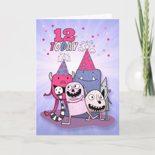 Meisjes 12e roze en Paarse monster Birthday Kaart (Voorkant)