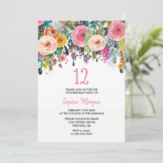 Meisjes 12th Birthday Party nodigt roze bloemen ui Kaart (Staand voorkant)