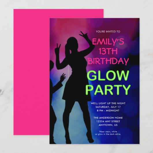 Meisje's 13e verjaardag Glow Party uitnodiging (Voorkant / Achterkant)