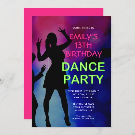 Meisje's 13e verjaardag Neon Dance Party uitnodigi Kaart (Voorkant / Achterkant)