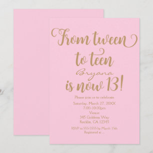 Meisjes 13e verjaardagsfeest Roze & Gouden Uitnodi Kaart