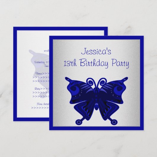 Meisjes 13th Birthday Cobalt Blue Butterfly Silver Kaart (Voorkant / Achterkant)