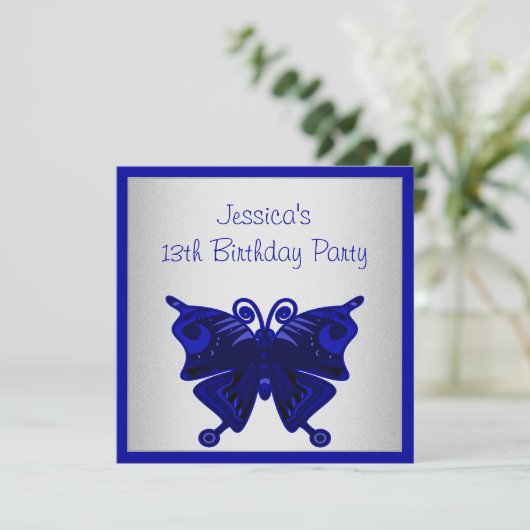 Meisjes 13th Birthday Cobalt Blue Butterfly Silver Kaart (Staand voorkant)