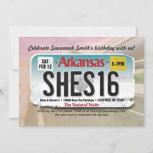 Meisje's 16e verjaardag Arkansas License Invitatio Kaart (Voorkant)
