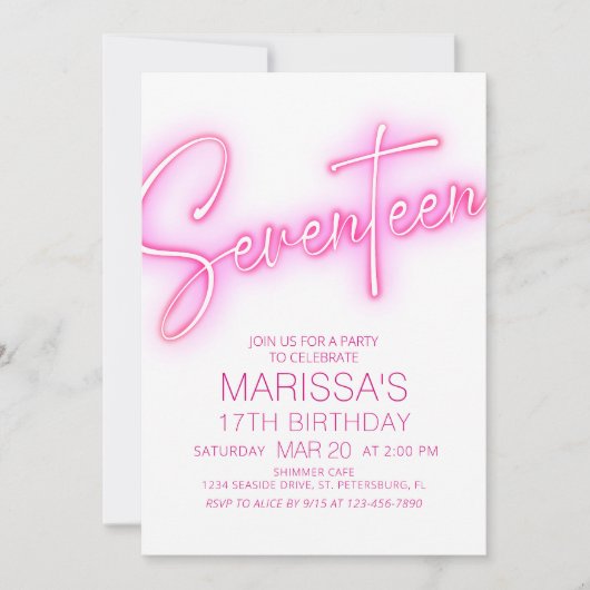 Meisjes 17e Neon Teen Verjaardag Kaart (Voorkant)