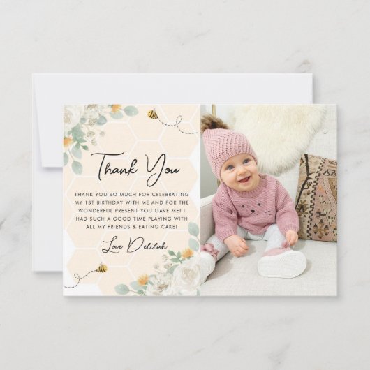 Meisjes 1e verjaardag bijendag foto dank je kaart (Voorkant)