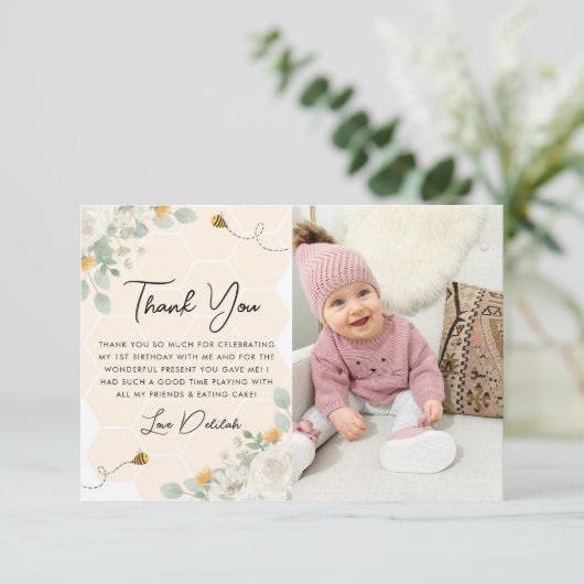 Meisjes 1e verjaardag bijendag foto dank je kaart (Staand voorkant)